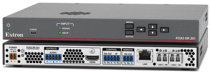 Extron Multimode, HDMI, HDCP, 24/25/30/50/60/120 fps, 18 Gbps, RS-232, RJ-45, 4:4:4, 4:2:2, 25 x 222 x 203 mm, 0.84 kg - W126322910