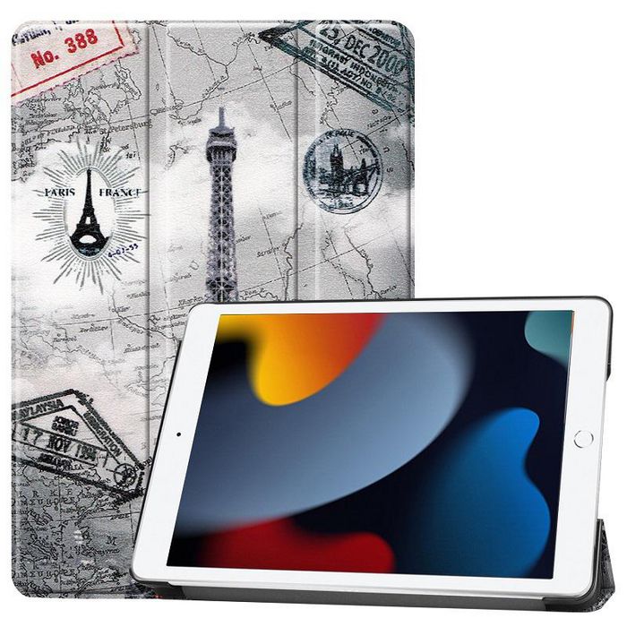 CoreParts Cover for iPad 6/7/8 2019-2021 for iPad 7/8/9 (2019-2021) 10.2" Tri-fold Caster Hard Shell Cover with Auto Wake Function - Effiel Tower Style - W126439137