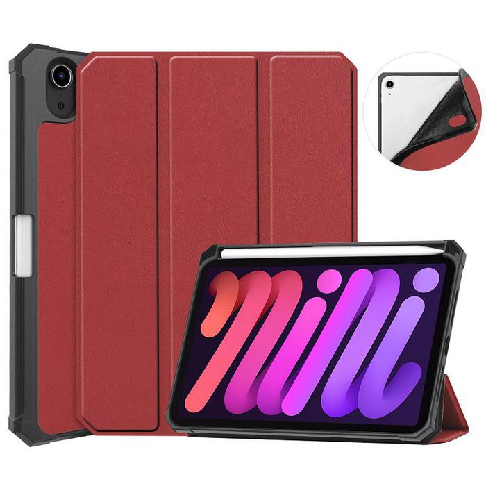 CoreParts Cover for iPad Mini 6 2021 for iPad Mini 6 (2021) Tri-fold Caster TPU Cover Built-in S Pen Holder with Auto Wake Function - Wine Red - W126439107
