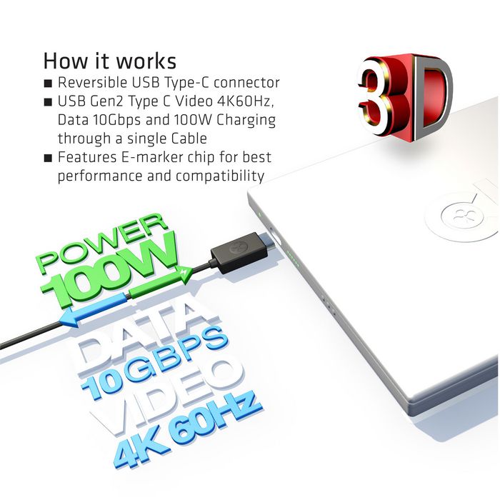 Club3D USB Type-C Cable M/M 0.8Meter Active PD ~100Watt 4K60Hz - W124447102