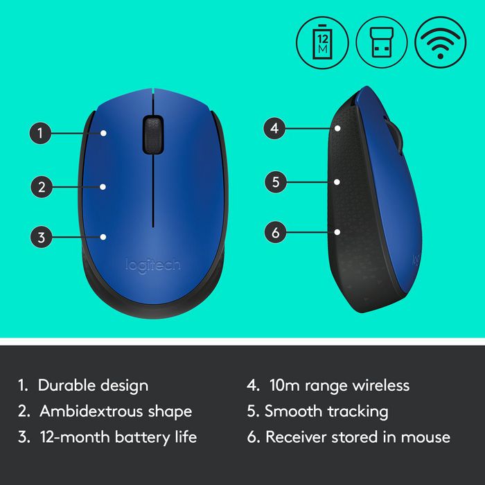 Logitech M171 Wireless Mouse, RF Wireless, Alkaline, Blue - W125282024
