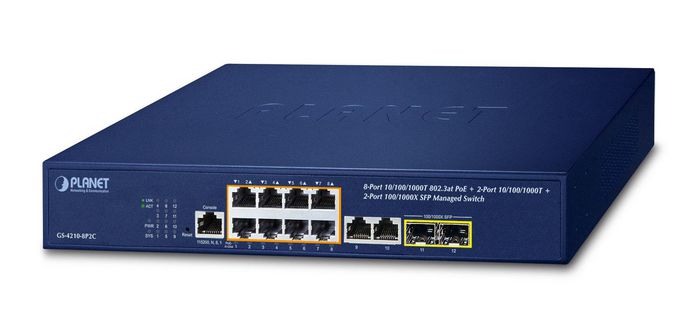 Planet 8-Port 10/100/1000T 802.3at PoE + 2-Port 10/100/1000T+ 2-Port 100/1000X SFP Managed Switch - W126582752