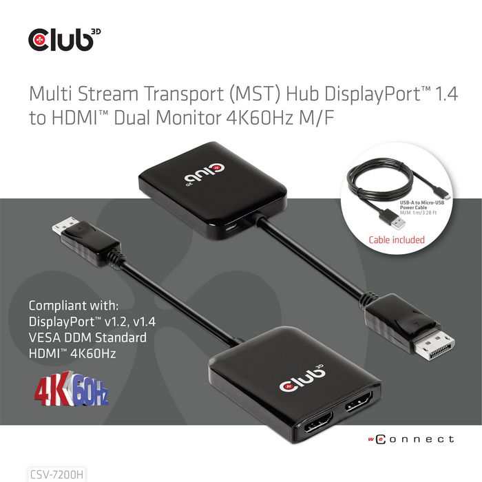 Club3D Multi Stream Transport (MST) Hub DisplayPort 1.4 to HDMI Dual Monitor 4K60Hz M/F - W126644074