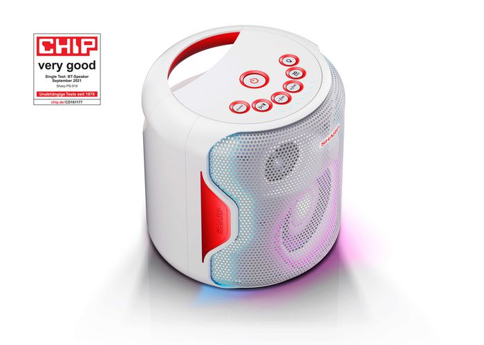 Sharp 2.1 Portable Bluetooth Party Speaker, 130 W, IPX5 waterproof, TWS to pair 2 units together, 14 h play time with built-in battery, LED flash light, White - W125938284