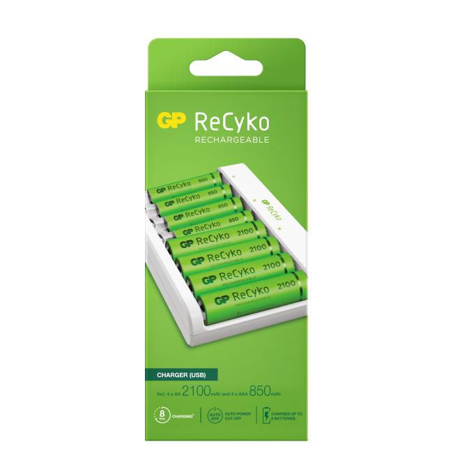 GP Batteries ReCyko Charger E811, 8-slot, incl. 4 x AA 2100mAh + 4 x AAA 850mAh NiMH - W126652047