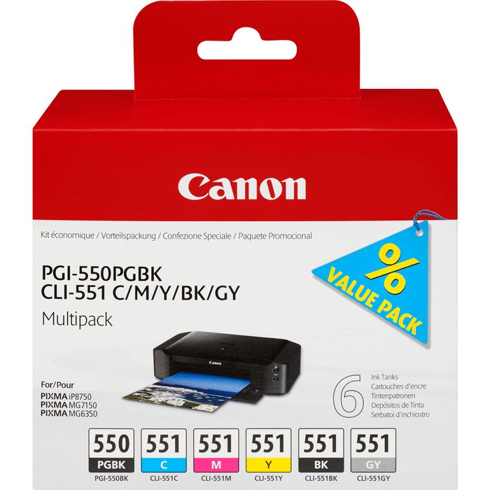 Canon PGI-550/CLI-551 PGBK/C/M/Y/BK/GY 6 Ink Cartridge Multipack - W124528182