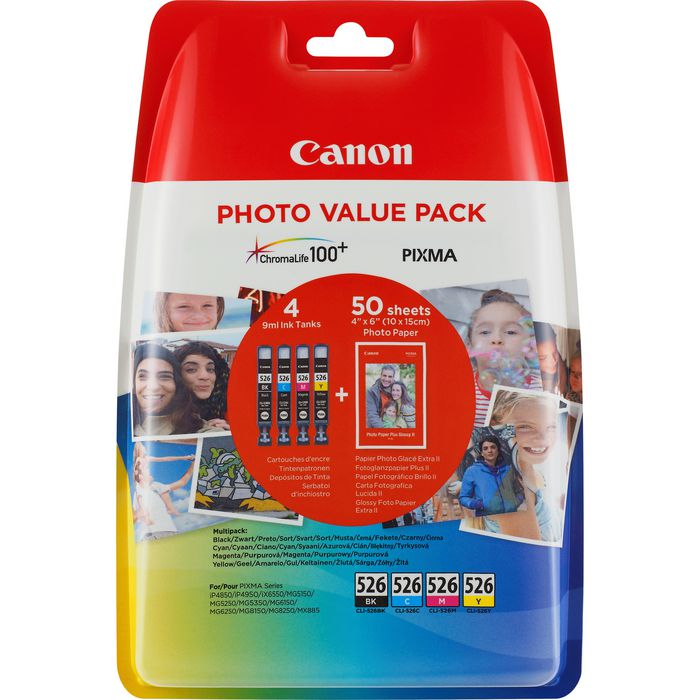 Canon CLI-526 BK/C/M/Y Ink Cartridge + Photo Paper Value Pack - W124819976