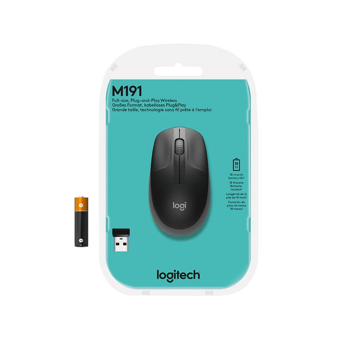 910-005906, Logitech M190 Full-size wireless mouse, RF Wireless, Alkaline,  Grey