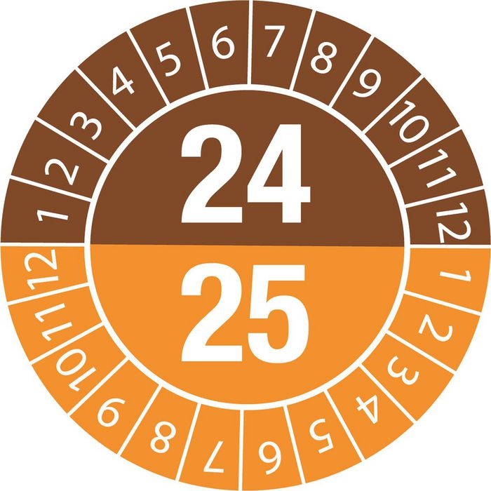 Brady Tamper-evident Inspection Date Labels  Year 24/25 White on Brown, Orange dia. 20 mm - W126056547