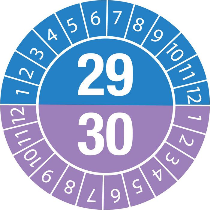 Brady Tamper-evident Inspection Date Labels  Year 29/30 White on Blue, Purple dia. 20 mm - W126056557