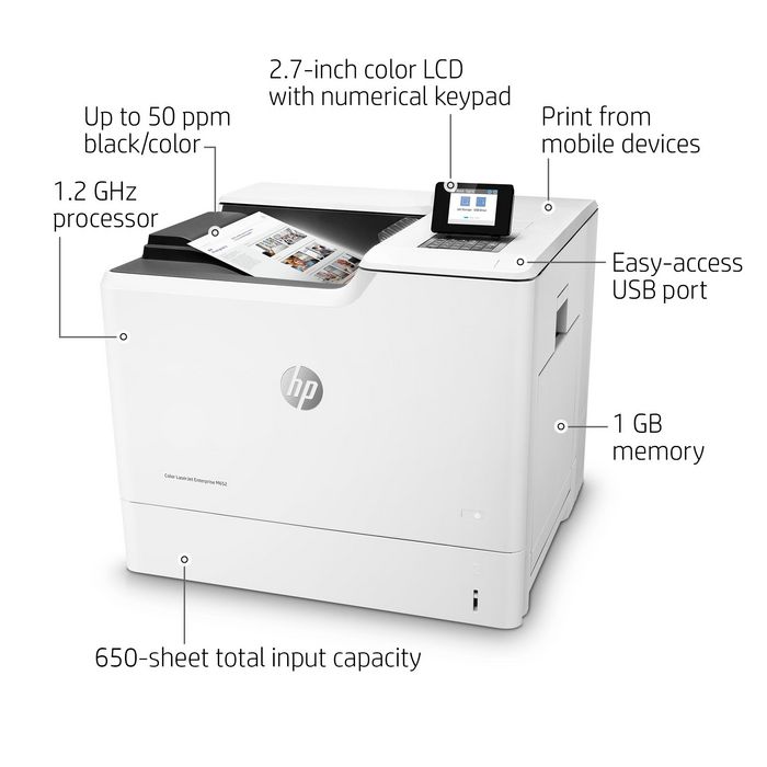 HP HP Color LaserJet Enterprise M652n, Laser, 50ppm, A4, 1.2MHz, 1024MB, 2.7" LCD - W125256284