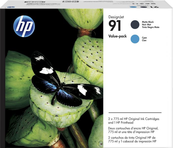 HP 91 Value Pack 775-ml Matte Black/Cyan DesignJet Ink Cartridges/Printhead - W124768397