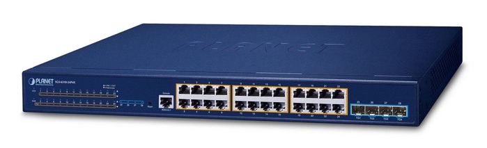 Planet Layer 3 24-Port 10/100/1000T 802.3at PoE + 4-Port 10G SFP+ Stackable Managed Switch (370W PoE budget, Hardware stacking up to 8 units, hardware-based Layer 3 IPv4/IPv6 Routing and VRRP, supports ERPS Ring) - W127015531