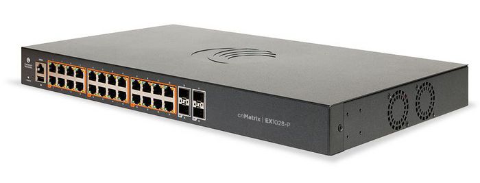 Cambium Networks cnMatrix EX1028-P, Intelligent Ethernet PoE+ Switch, 24 1Gbps and 4 1Gbps SFP fiber ports - no power cord. Enterprise-grade L2 functionality, includes lifetime cloud or on-premises management. - W126002981