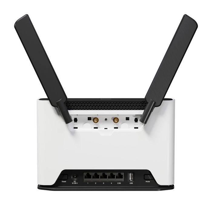 MikroTik Chateau LTE18 ax kit with Quad-Core IPQ-6010 1.8 GHz CPU, 1GB RAM, 1 x 2.5 Gigabit LAN, 4 x Gigabit LAN, two wireless interfaces (built-in 2.4Ghz 802.11ax two chain wireless, built-in 5Ghz 802.11ax two chain wireless) with external antennas, LTE CAT18 modem for International bands 1/3/5/7/8/20/28/38/40/41 with integrated antennas, SMA connectors for external antennas, tower case, USB, 1.5m RJ45 cable, PSU, RouterOS L4 - W127040306