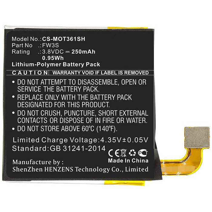CoreParts Battery for Smartwatch 0.95Wh Li-Pol 3.8V 250mAh Black for Motorola Smartwatch Moto 360 2nd, Moto 360 2rd - W125993986