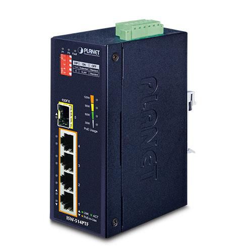Planet Industrial 4-port 10/100TX 802.3at PoE+ plus 1-Port 100FX Ethernet Switch - W125056420
