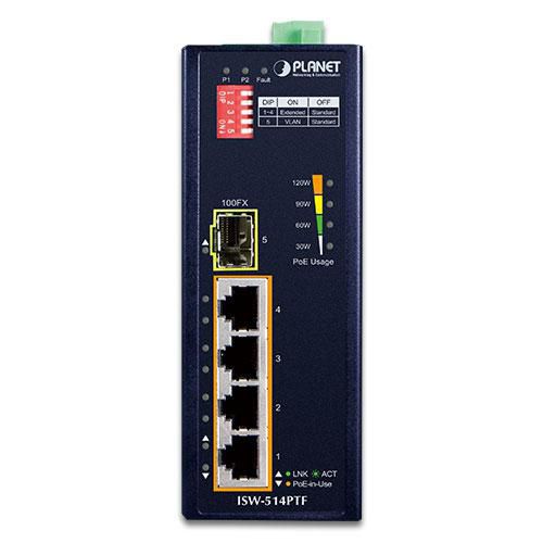 Planet Industrial 4-port 10/100TX 802.3at PoE+ plus 1-Port 100FX Ethernet Switch - W125056420