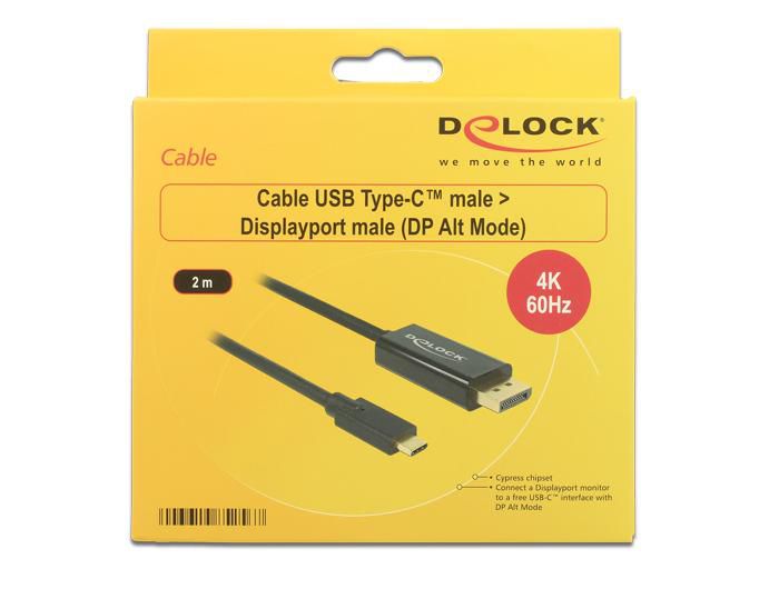 Delock Cable USB Type-Cª male > Displayport male (DP Alt Mode) 4K 60 Hz 2 m black - W127153678
