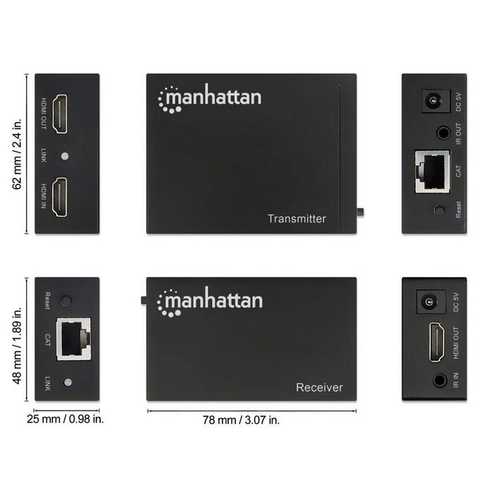 Manhattan HDMI 1080p over Ethernet Extender Kit, Up to 50m with Single Cat6 Cable, Tx & Rx Modules, IR Support (Euro 2-pin plug) - W125298452