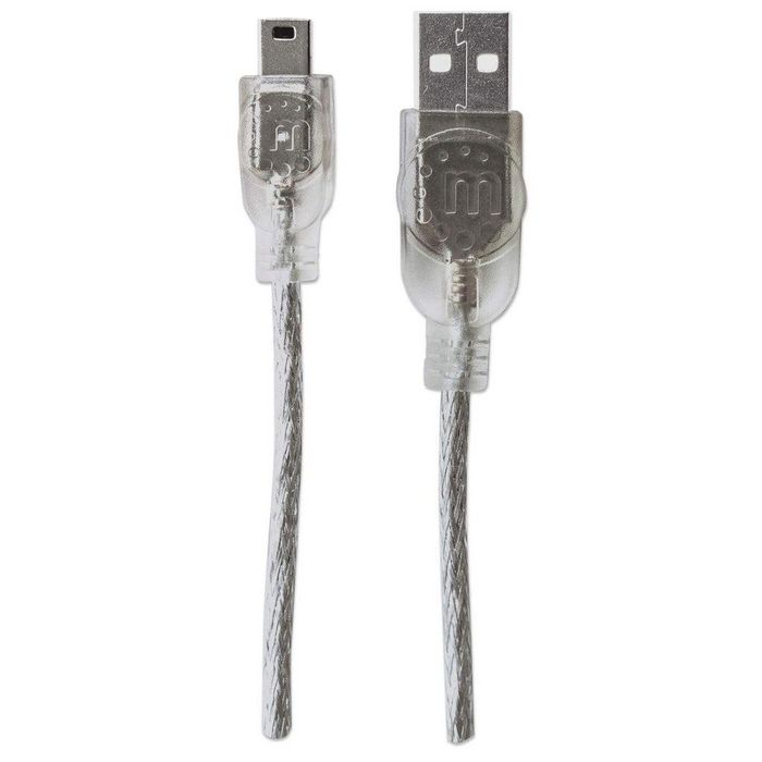 Manhattan USB 2.0 Cable, USB-A to Mini-B, Male to Male, 1.8m, Translucent Silver, Polybag - W124608975