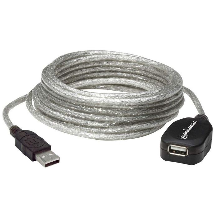Manhattan USB 2.0 Active Extension Cable, USB-A to USB-A, Male to Female, 5m, Daisy-Chainable, Built In Repeater, Translucent Silver, Blister - W124785219