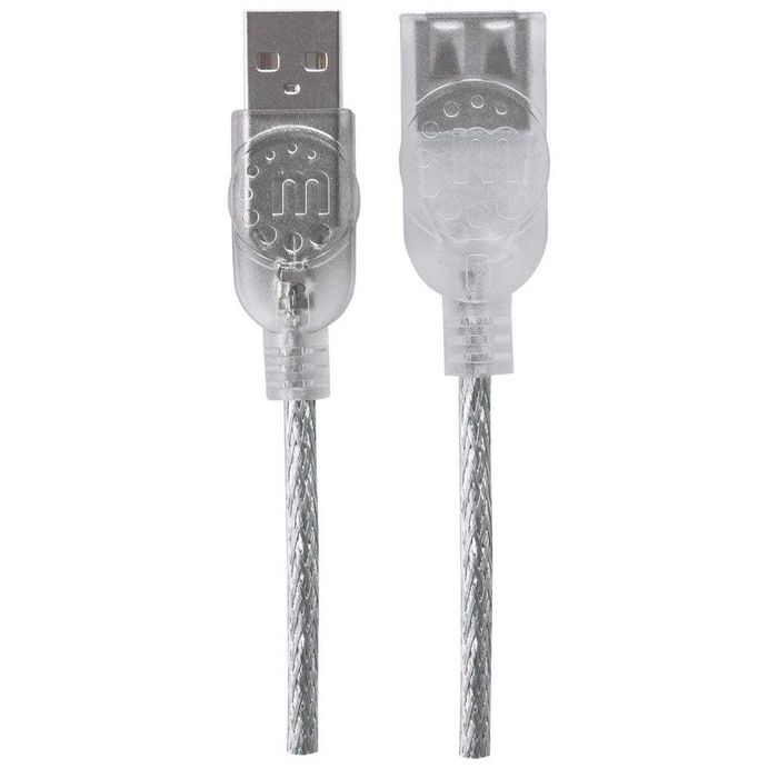 Manhattan USB 2.0 Extension Cable, USB-A to USB-A, Male to Female, 1.8m, Translucent Silver, Polybag - W124984879