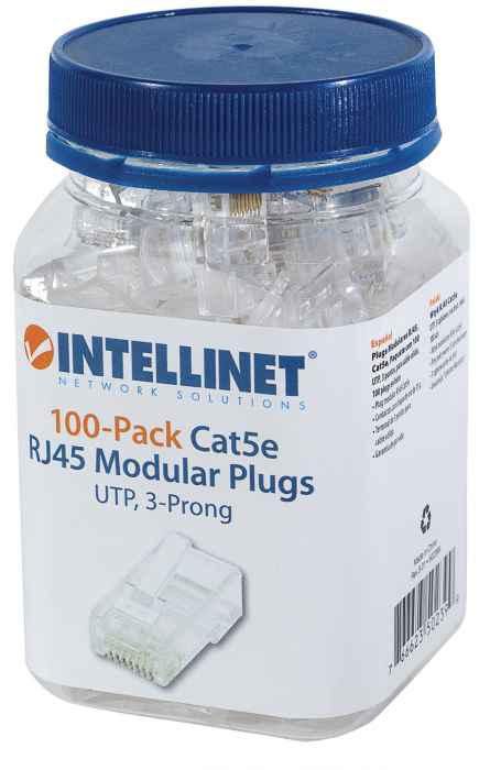 Intellinet RJ45 Modular Plugs, Cat5e, UTP, 3-prong, for solid wire, 15 µ gold plated contacts, 100 pack - W125305071