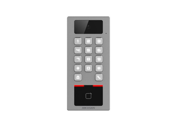 Hikvision Teminal controlo de acessos (cartão proximidade M1, DESfire, código PIN) intercom SIP IK09 IP65 - W127076568