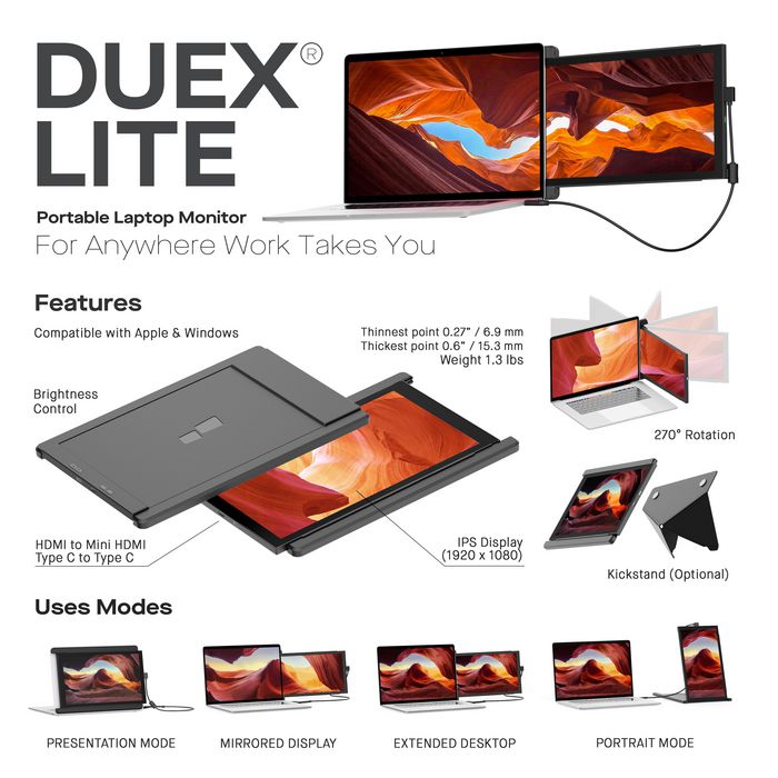 Mobile Pixels Duex Lite Portable Monitor 12.5" (Grey) Full HD 1080P IPS Screen - W128116262