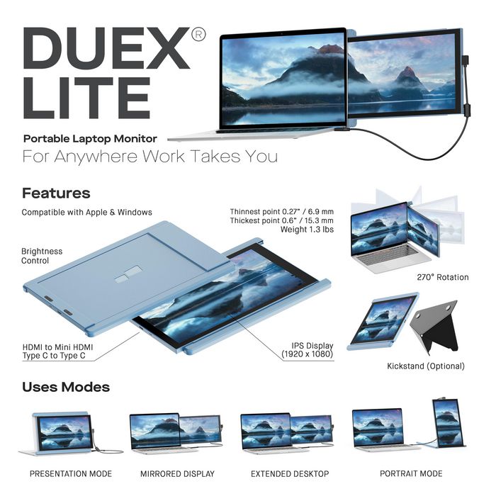 Mobile Pixels Duex Lite Portable Monitor 12.5" (Blue) Full HD 1080P IPS Screen - W128116266