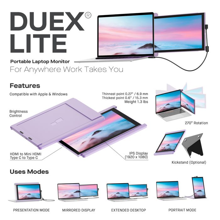 Mobile Pixels Duex Lite Portable Monitor 12.5" (Purple) Full HD 1080P IPS Screen - W128116267