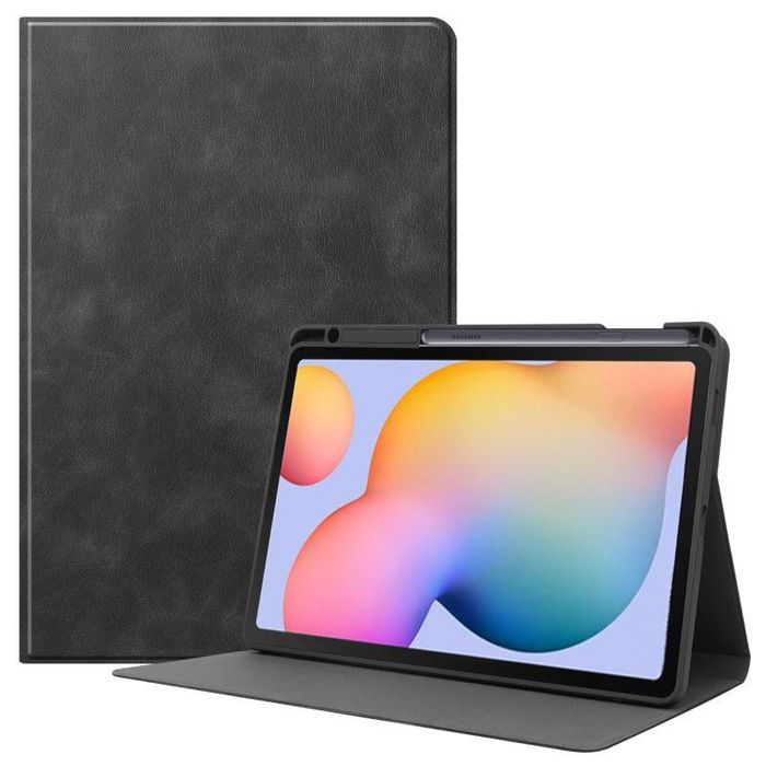 CoreParts Samsung Galaxy Tab S6 Lite 2020-2022 Cowhide Pattern Cover with Front Support Bracket Built-in S pen Holder with Auto Wake Function - Black - W128163553
