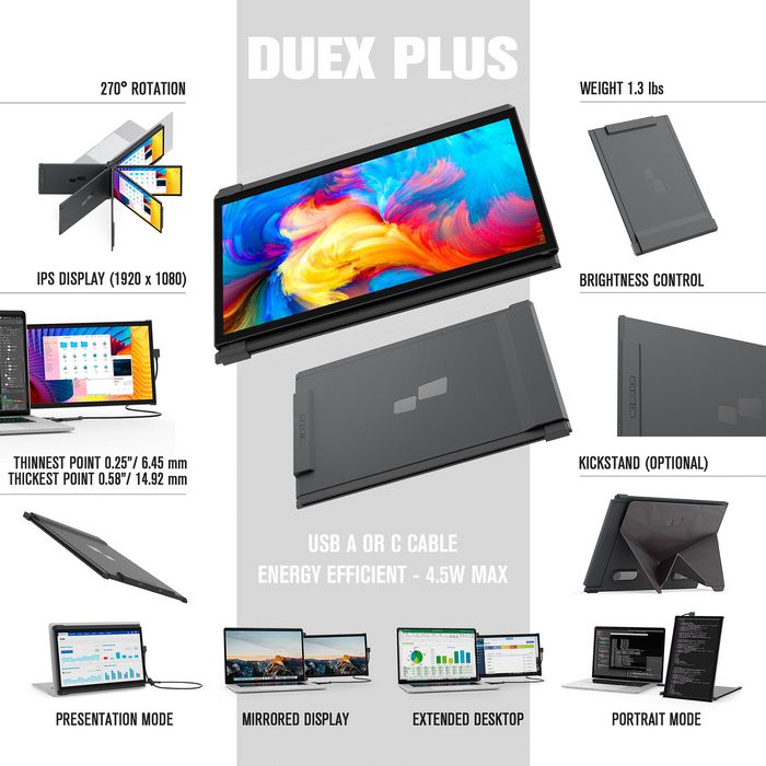 Mobile Pixels Duex Plus 13.3" (Grey) Full HD IPS Dual Laptop Monitor, USB C/USB A Plug and Play - W128116268