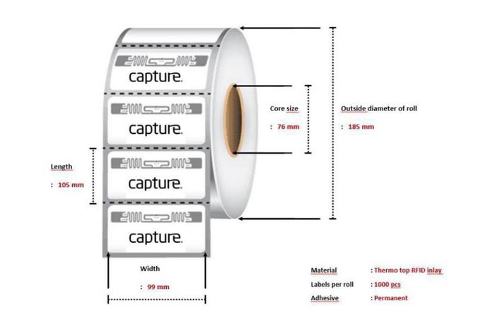 Capture 99x105 Thermo RFID, 1000/ rull,76 mm kjerne 185 mm diameter. 1 rull pr. eske. - W125360474