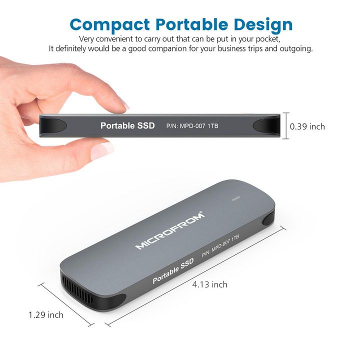 CoreParts 1TB Portable SSD with USB-C port, Read/Write-1030/914MB/S, including Cables. Embedded with PCIe NVMe that facilitate high read & write speed. - W126369444