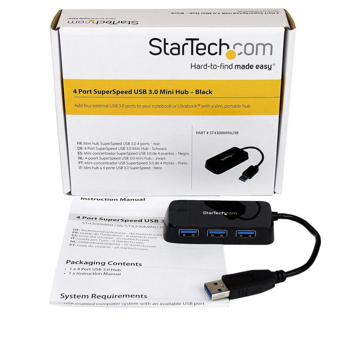 StarTech.com StarTech.com 4-Port USB 3.0 SuperSpeed Hub - Portable Mini Multiport USB Travel Dock - USB Extender Black for Business PC/Mac, laptops (ST4300MINU3B) - W124875213