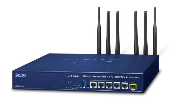 Planet 5G NR Cellular + Wi-Fi 6 AX1800 Dual Band + 1-Port 1000X SFP VPN Security Router - W127366242