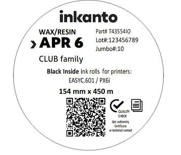 ARMOR APR 6 WAX/RESIN Thermal Transfer Ribbon, Inkanto - Ink Inside - 154mm x 450m - Black - W128245286