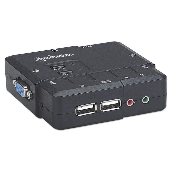 Manhattan Kvm Switch Compact 2-Port, 2X Usb-A, Cables Included, Audio Support, Control 2X Computers From One Pc/Mouse/Screen, Black, Lifetime Warranty, Boxed - W128253490