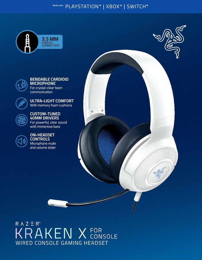 Razer Kraken X For Playstation Headset Wired Head-Band Gaming Blue, White - W128257603