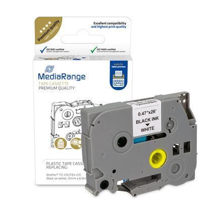MediaRange Plastic Tape Cassette, For Label Printers Using Brother Tz-231/Tze-231, Permanent Adhesive, 12Mm, 8M, Laminated, Black On White - W128288578