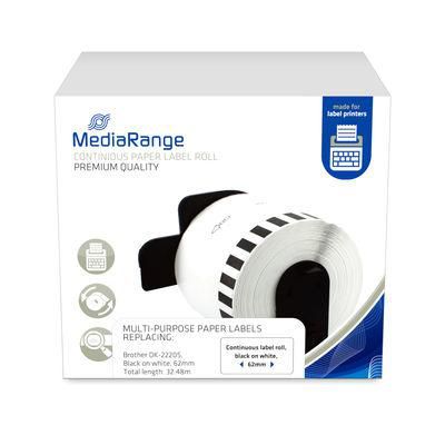 MediaRange Continuous Paper Label, For Label Printers Using Brother Dk-22205, 62Mm, 30.48M, Black On White - W128291489
