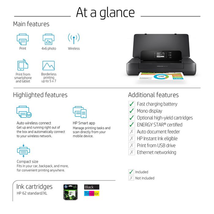 HP OfficeJet 200 Mobile Printer, 4800 x 1200dpi, 10ppm, A4, 525MHz, 128MB, USB, WiFi, 2″ MGD - W124548104