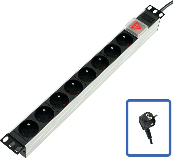 Lanview 19" rack mount power strip, 1U, 2m, 10A, with 8 x French Type E schuko socket - W128318535