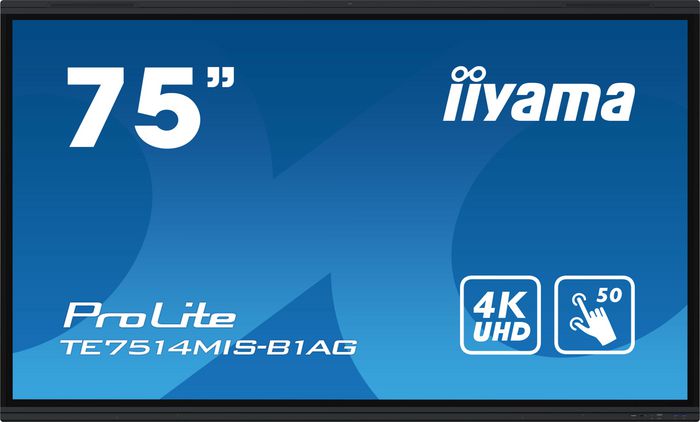 iiyama 75" iiWare11 , Android 13, 50-Points PureTouch IR+ with zero bonding, 3840x2160, UHD VA panel, Multi-Screen Display supported, Metal Housing, Fan-less, Speakers 2x 8W + 2x 18W front and up facing, Microphone Array 8x, HDMI 4x, HDMI-out, USB-C 2x up to 100W PD full function, Audio mini-jack and Optical Out (S/PDIF), USB and USB-C Touch Interface, 435cd/m², Landscape mode, Media Play USB Ports, Anti-Glare glass, Matt polished surface, Ultra smooth writing, LAN 2x (for Android/internet), RS232C,  Integrated iiWare (Note, WPS Office, ScreenSharePro, file- and web browser), Incl. WiFi/Bluetooth Module, VESA 800x400 (mount not included), Slot for optional PC (OPC) - W128381383