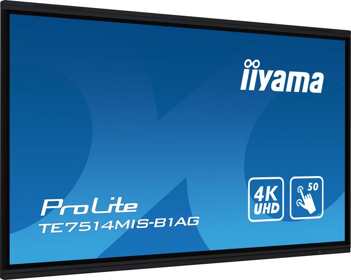 iiyama 75" iiWare11 , Android 13, 50-Points PureTouch IR+ with zero bonding, 3840x2160, UHD VA panel, Multi-Screen Display supported, Metal Housing, Fan-less, Speakers 2x 8W + 2x 18W front and up facing, Microphone Array 8x, HDMI 4x, HDMI-out, USB-C 2x up to 100W PD full function, Audio mini-jack and Optical Out (S/PDIF), USB and USB-C Touch Interface, 435cd/m², Landscape mode, Media Play USB Ports, Anti-Glare glass, Matt polished surface, Ultra smooth writing, LAN 2x (for Android/internet), RS232C,  Integrated iiWare (Note, WPS Office, ScreenSharePro, file- and web browser), Incl. WiFi/Bluetooth Module, VESA 800x400 (mount not included), Slot for optional PC (OPC) - W128381383