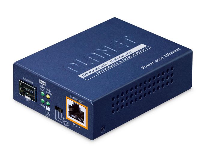 Planet 1-Port 100/1000X SFP to 1-Port 10/100/1000T 802.3bt PoE++ Media Converter (95W 802.3bt Type-4/UPoE/Legacy mode support via DIP switch, compact size) -w/external power adapter included - W128373088