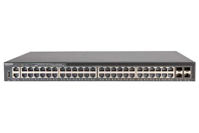 Ruckus RUCKUS ICX 8200 Switch, 32×10/100/1000 Mbps PoE+ ports, 16×100/1000/2500 Mbps RJ-45 PoE++ ports, 4×25 GbE SFP28 stacking/uplink-ports, 1480 W PoE budget, hot swap power supplies and fans, two power supplies and two fans included, three-year remote TAC support. Power cords not included. TAA - W128188366
