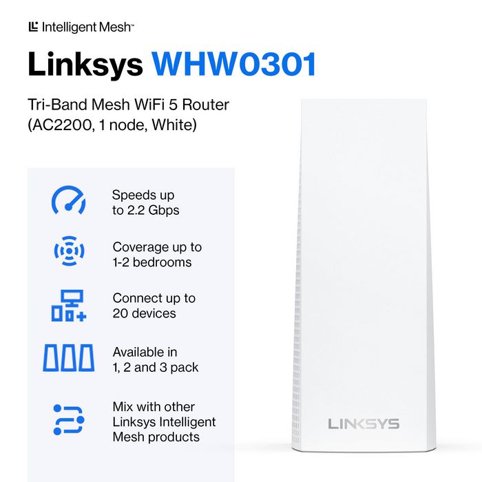 Linksys 1x AC2200 nodes, 2.4 GHz/5GHz, Bluetooth 4.0/LE, 6x antennas, 802.11ac, Tri-Band (867/867/400 Mbps), MU-MIMO, 256 QAM, WPA2, Guest Network, 2x WAN/LAN, 716 MHz Quad Core, 4 GB Flash and 512 MB RAM - W124878140